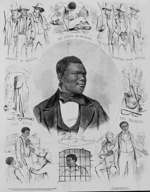 This print was created in 1855 to defend Anthony Burns and protest the 1850 Fugitive Slave Act. Burns's portrait is in the center. Surrounding it are scenes from Burns' arrest, imprisonment, deportation, and sale. 
