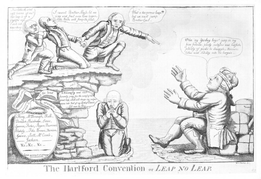 This political cartoon depicts prominent Federalists jumping off a cliff and into the arms of the British monarch. 