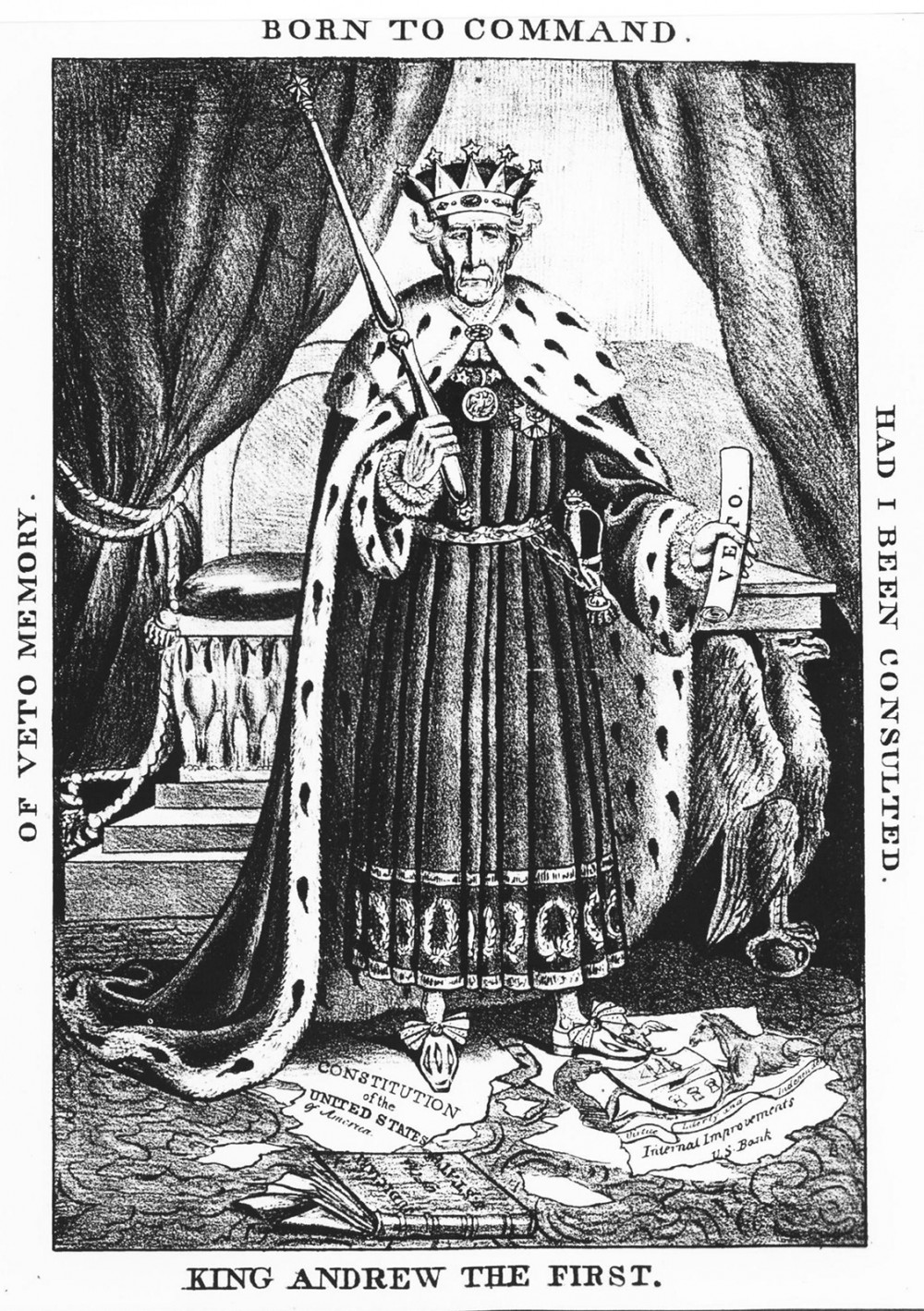 Andrew Jackson portrayed himself as the defender of the common man, and in many ways he democratized American politics. His opponents, however, zeroed in on Jackson’s willingness to utilize the powers of the executive office. Unwilling to defer to Congress and absolutely willing to use his veto power, Jackson came to be regarded by his adversaries as a tyrant (or, in this case, “King Andrew I”.) Anonymous, c. 1832. Wikimedia, http://commons.wikimedia.org/wiki/File:~aj.JPG. 