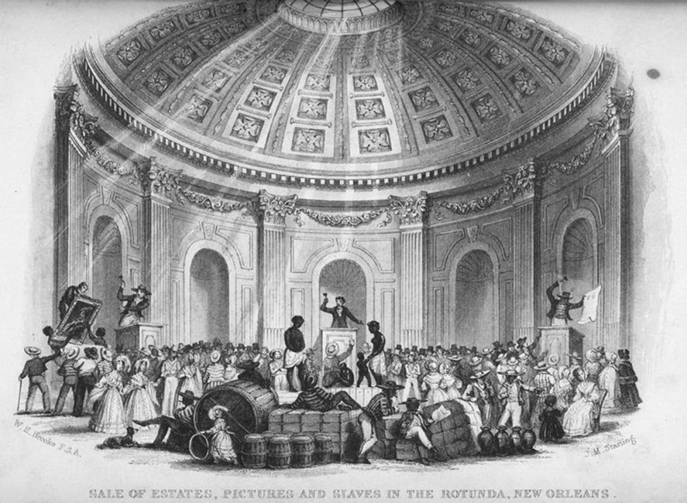 The slave markets of the South varied in size and style, but the St. Louis Exchange in New Orleans was so frequently described it became a kind of representation for all southern slave markets. Indeed, the St. Louis Hotel rotunda was cemented in the literary imagination of nineteenth-century Americans after Harriet Beecher Stowe chose it as the site for the sale of Uncle Tom in her 1852 novel, Uncle Tom’s Cabin. After the ruin of the St. Clare plantation, Tom and his fellow slaves were suddenly property that had to be liquidated. Brought to New Orleans to be sold to the highest bidder, Tom found himself “[b]eneath a splendid dome” where “men of all nations” scurried about. J. M. Starling (engraver), "Sale of estates, pictures and slaves in the rotunda, New Orleans,” 1842. Wikimedia, http://commons.wikimedia.org/wiki/File:Sale_of_Estates_Pictures_and_Slaves_in_the_Rotunda_New_Orleans.jpg. 