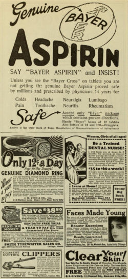 In the 1920’s Americans across the country bought magazines like Photoplay in order to get more information about the stars of their new favorite entertainment media: the movies. Advertisers took advantage of this broad audience to promote a wide range of goods and services to both men and women who enjoyed the proliferation of consumer culture during this time. “Advertising Section” Photoplay (October 1924)