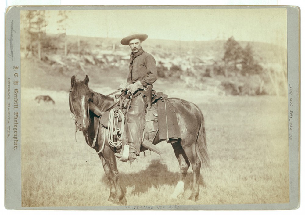 Cowboys like the one pictured here worked the drives that supplied Chicago and other mid-western cities with the necessary cattle to supply and help grow the meat-packing industry. Their work was obsolete by the turn of the century, yet their image lived on through vaudeville shows and films that romanticized life in the West. John C.H. Grabill, 