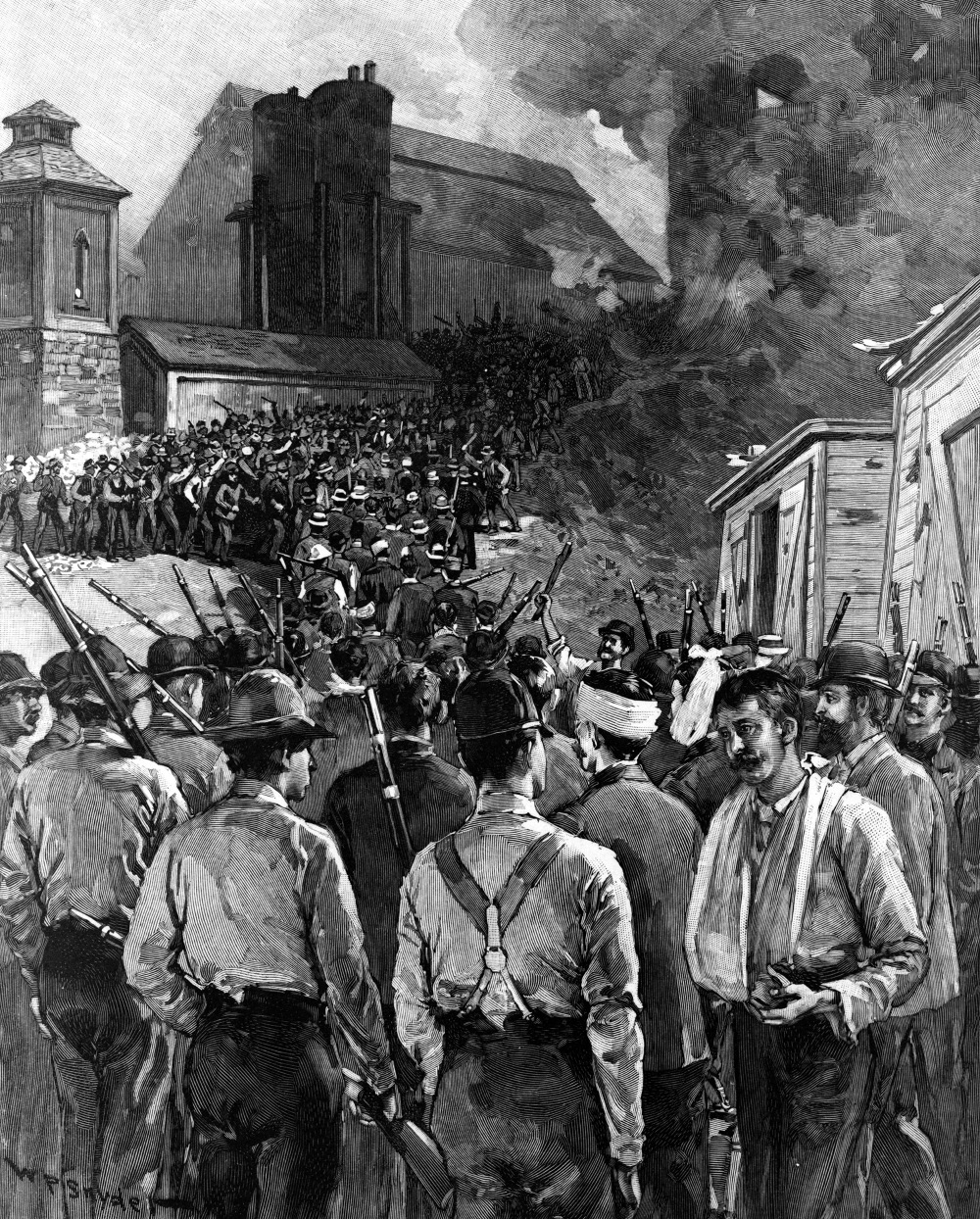 An 1892 cover of Harper’s Weekly depicting the Homestead Riot, showed Pinkerton men who had surrendered to the steel mill workers navigating a gauntlet of violent strikers. W.P. Snyder (artist) after a photograph by Dabbs, “The Homestead Riot,” 1892. Library of Congress, LC-USZ62-126046.