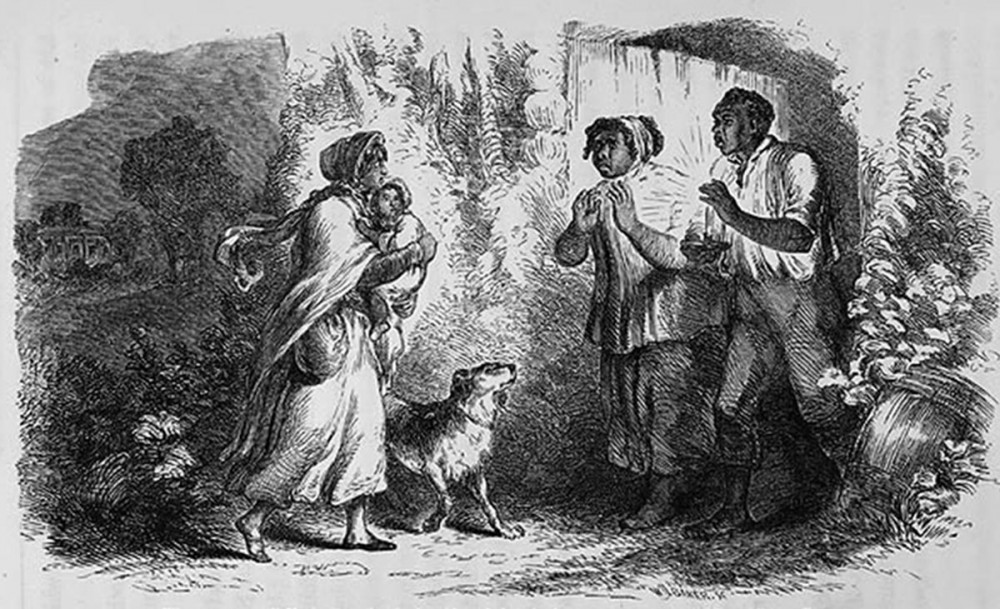 Uncle Tom’s Cabin intensified an already hot debate over slavery throughout the United States. The book revolves around Eliza (the woman holding the young boy) and Tom (standing with his wife Chloe), each of whom takes a very different path: Eliza escapes slavery using her own two feet, but Tom endures his chains only to die by the whip of a brutish master. The horrific violence that both endured melted the hearts of many northerners and pressed some to join in the fight against slavery. Full-page illustration by Hammatt Billings for Uncle Tom's Cabin, 1852. Wikimedia, http://commons.wikimedia.org/wiki/File:ElizaEngraving.jpg. 
